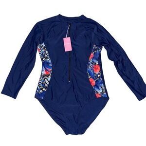 Enchanted Dream Women's 2XL Blue Floral Long‎ Sleeve Rash Guard Swimsuit UPF 50+